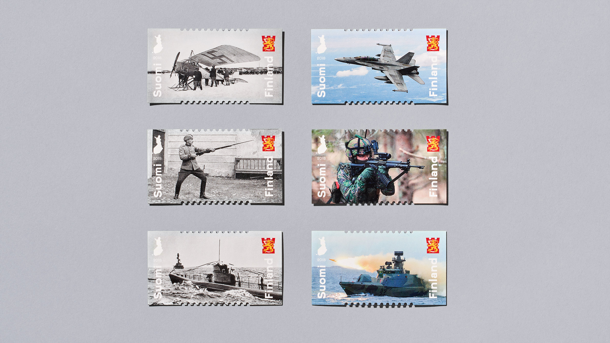 Postimerkki kuvaa Puolustusvoimien historiaa ja nykypäivää.