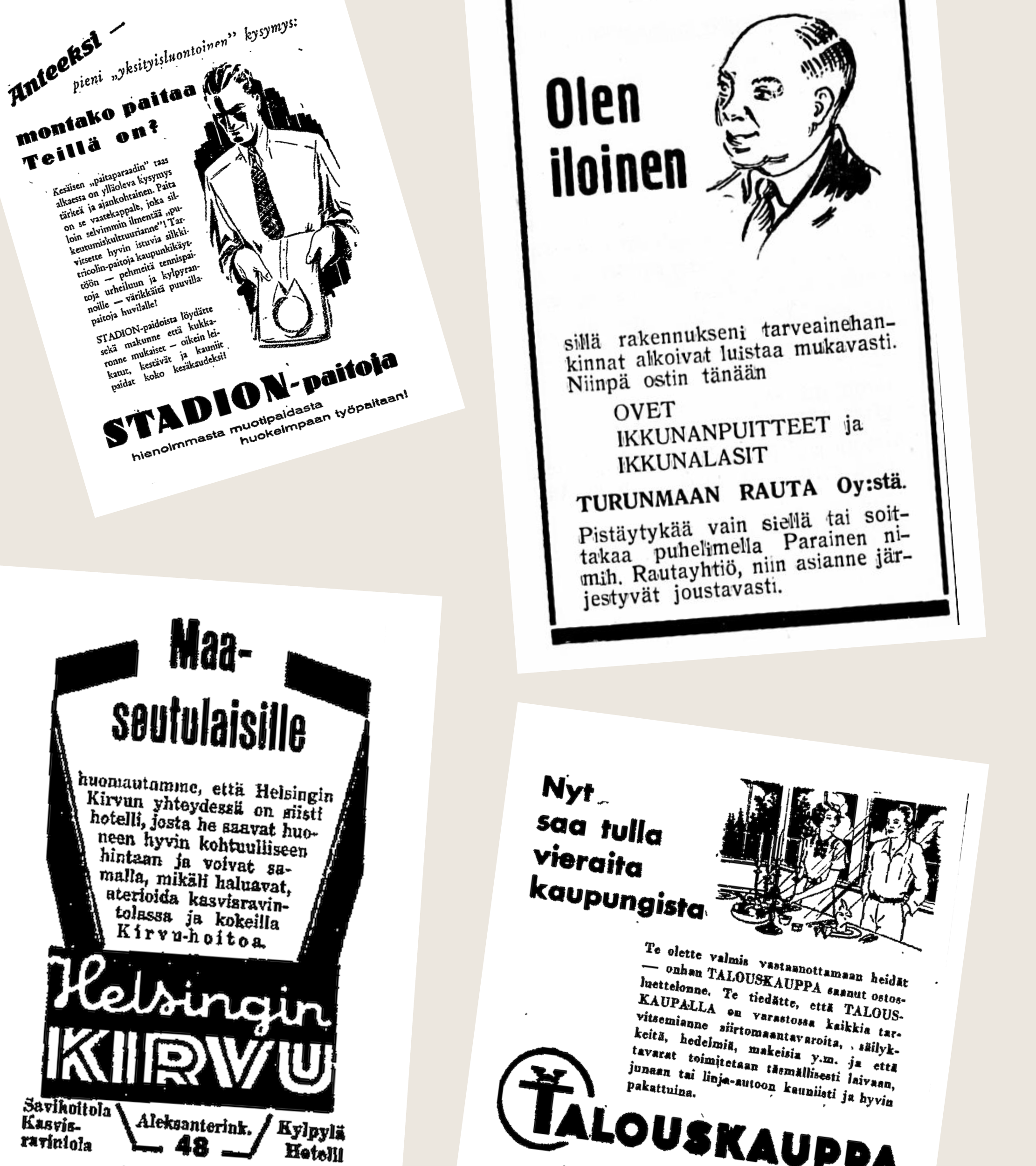 Kuvia vanhoista lehti-ilmoituksista, joista brändikonsepti sai innoitusta.